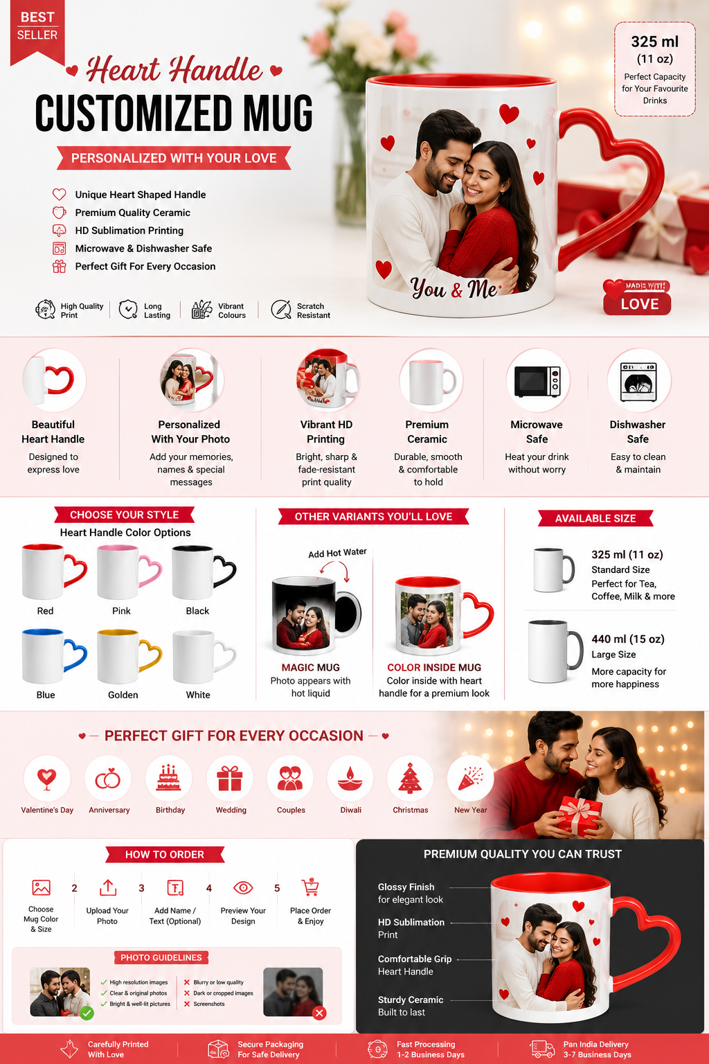 Heart Handle Customized Mug – Personalized Photo & Name Mug for Love Gifts