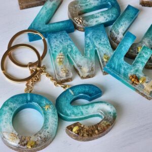 A to Z Alphabet Resin Keychain Green & White with Golden Touch OR Upload Your Favourite Design For Personalized Gift