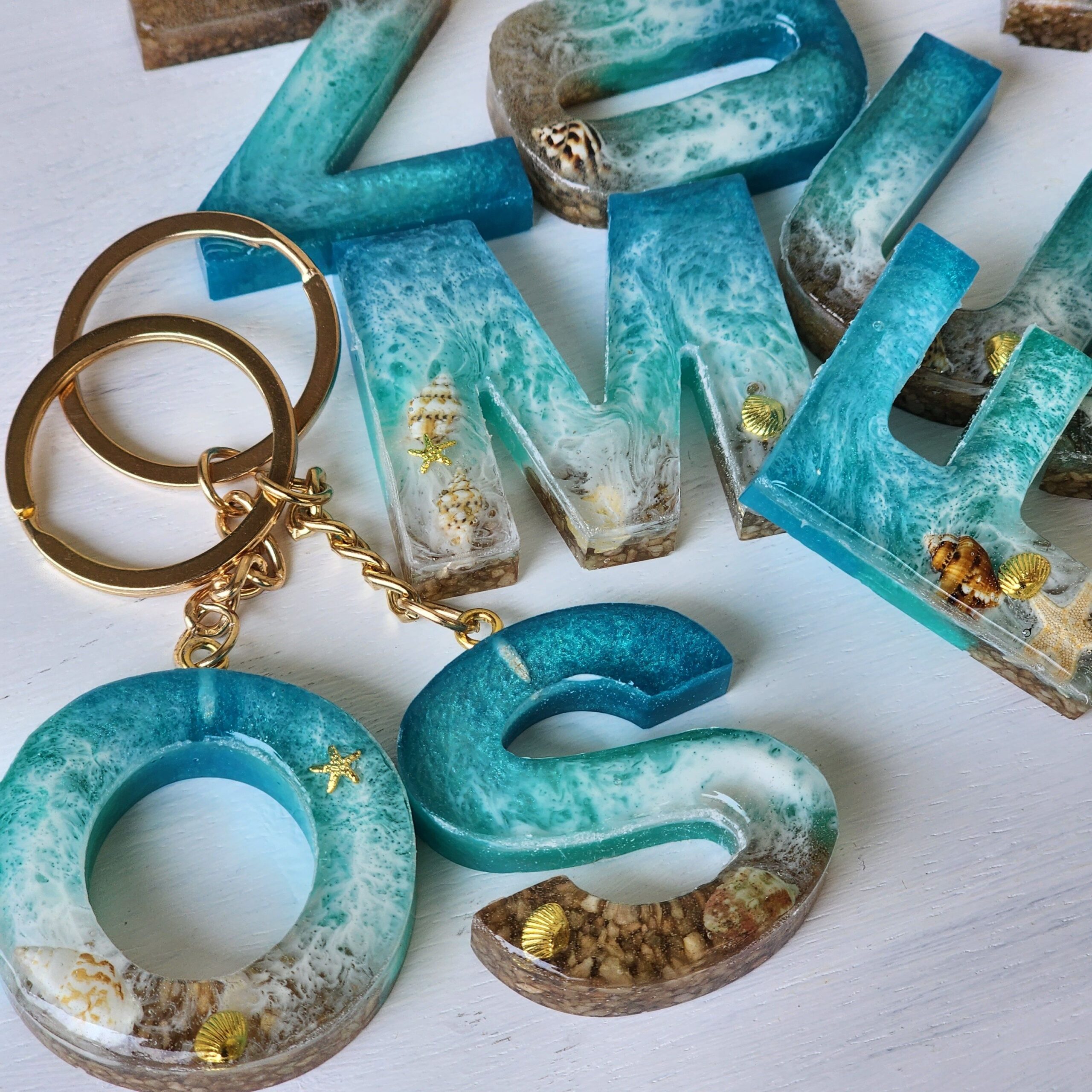 A to Z Alphabet Resin Keychain Green & White with Golden Touch OR Upload Your Favourite Design For Personalized Gift