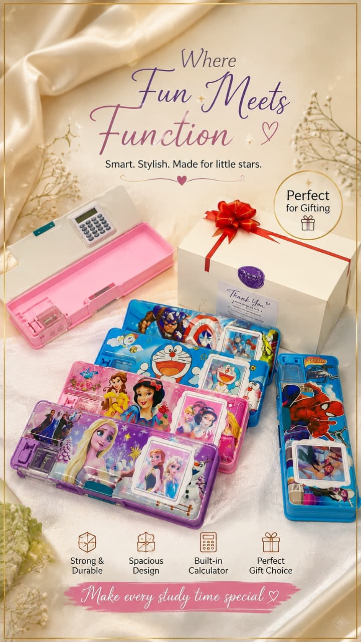 Kids 3-in-1 Cartoon Stationery Box with Calculator & Sharpener 🎒✨