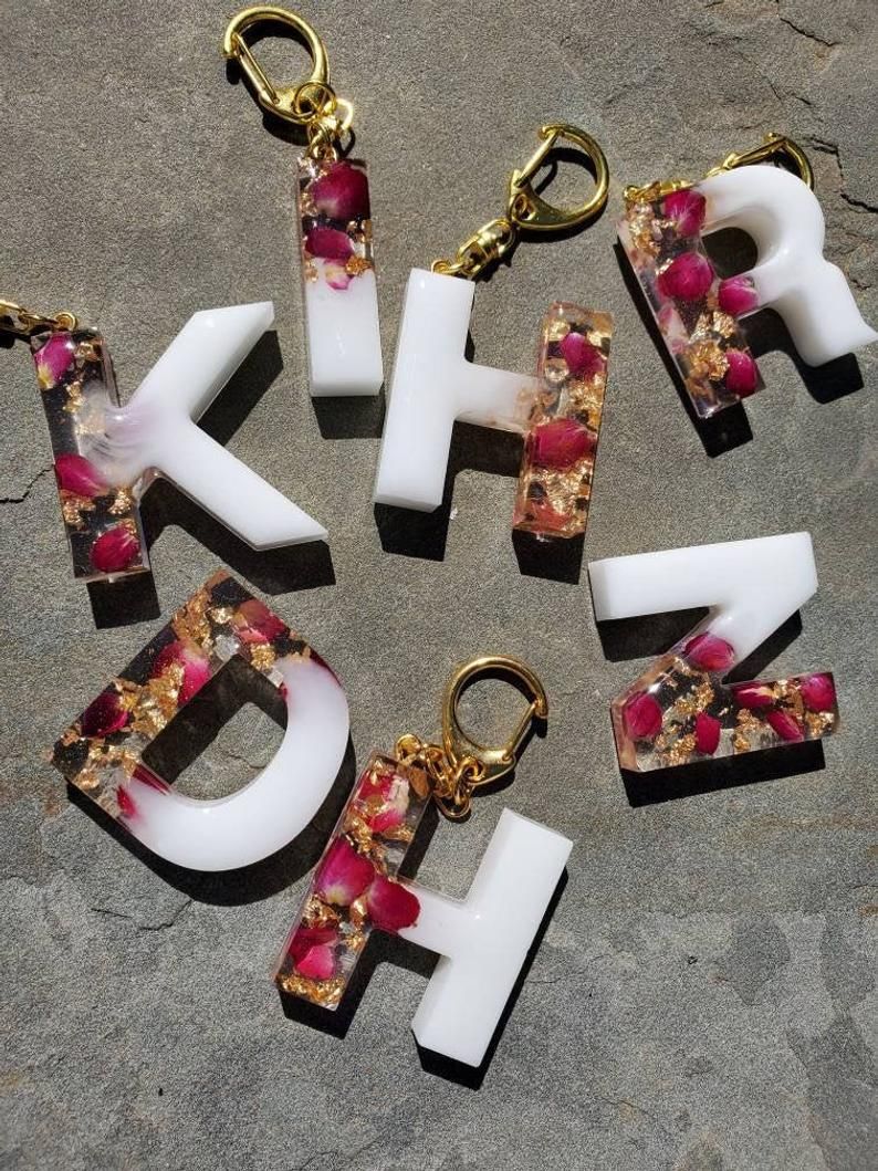 A to Z Alphabet Resin Keychain White & Rose Flower OR Upload Your Favourite Design For Personalized Gift