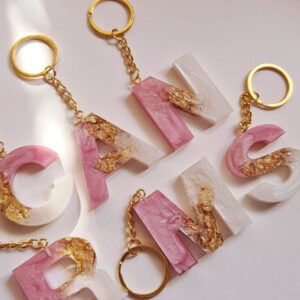 A to Z Alphabet Resin Keychain Pink & White With Golden Touch OR Upload Your Favourite Design For Personalized Gift