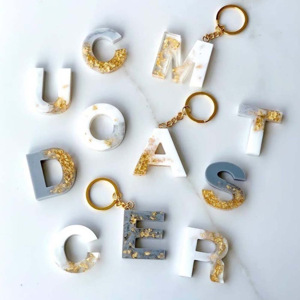 A to Z Alphabet Resin Keychain White & Golden OR Upload Your Favourite Design For Personalized Gift
