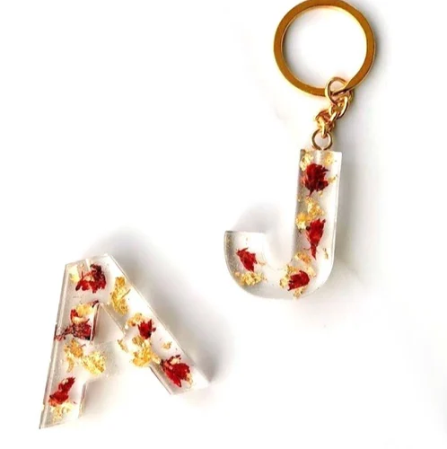 A to Z Alphabet Resin Keychain White & Rose Flower OR Upload Your Favourite Design For Personalized Gift